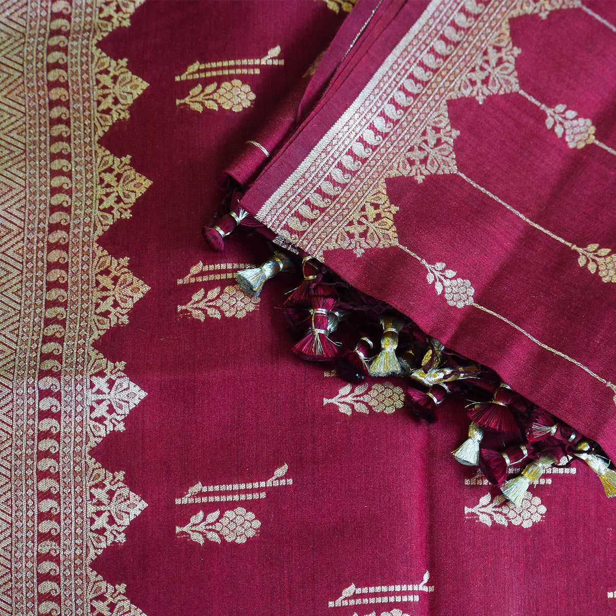 Maroon Handwoven Banarasi Suit Set with Zari Motifs & Ornate Border