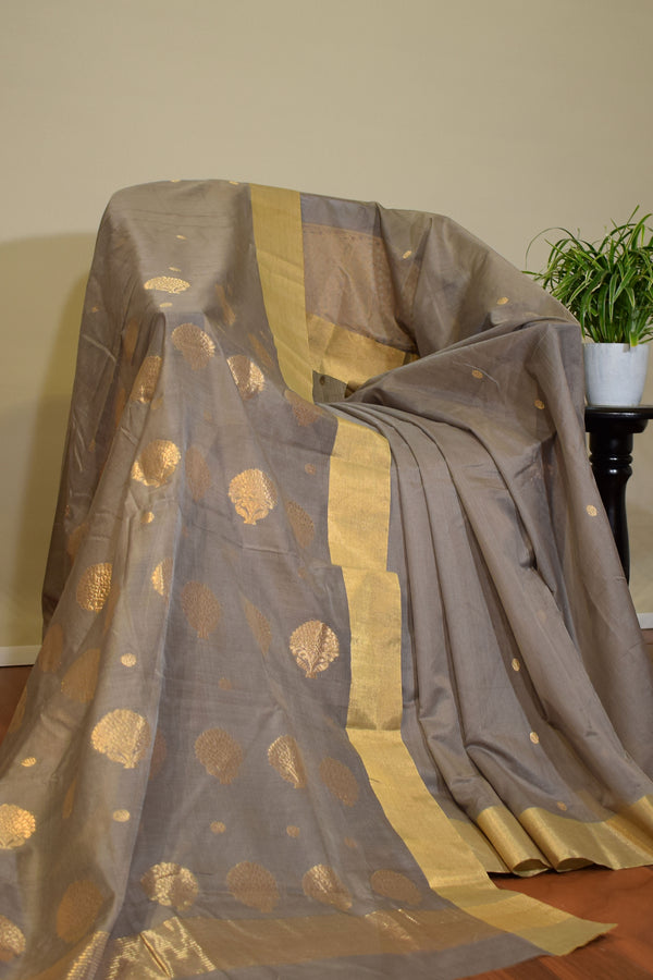 Pure handloom chanderi saree with golden zari weaving-steel grey