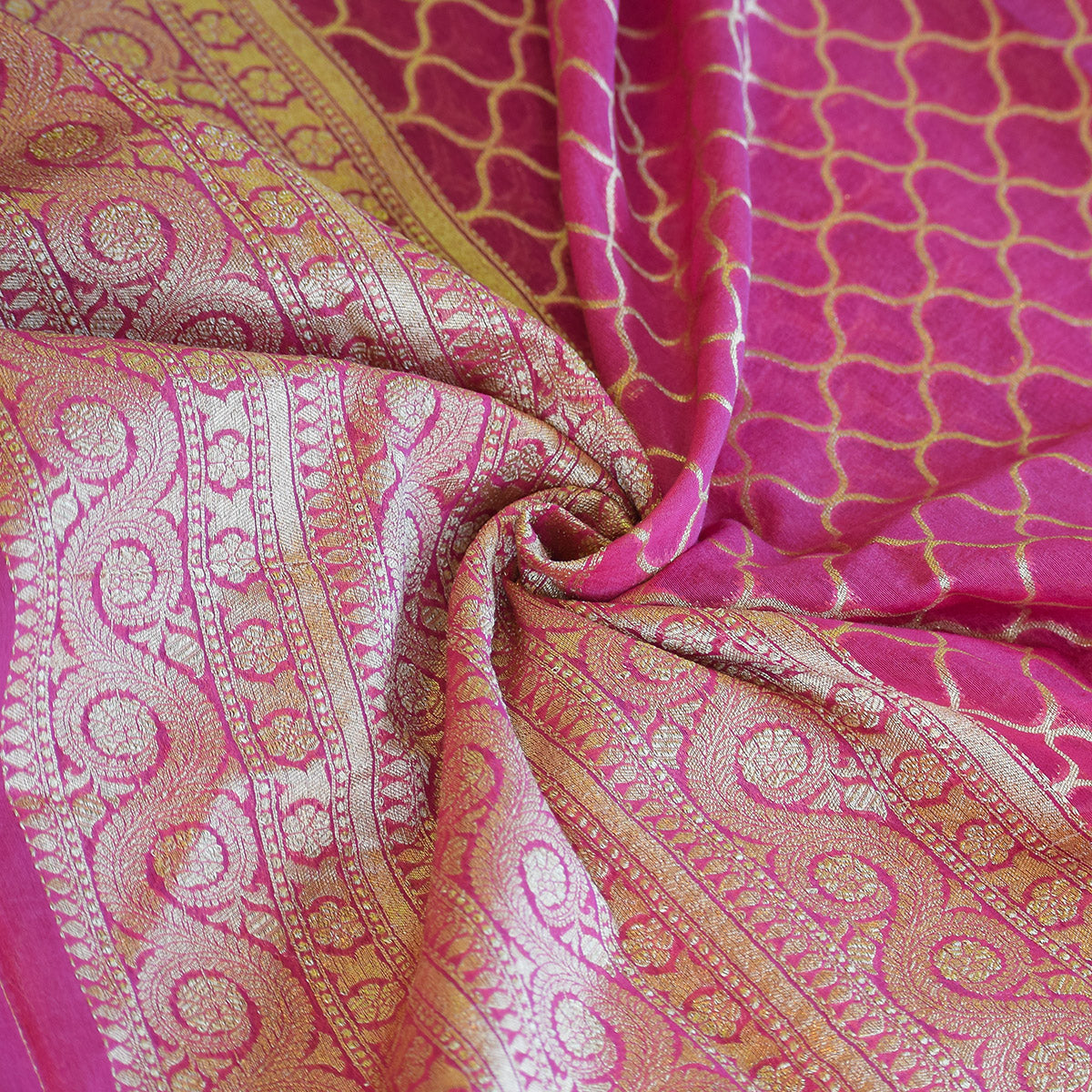 Rani Pink Handwoven Banarasi Silk Suit Set with Gold Zari Jaal & Ornate Border