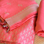 Pink Handwoven Banarasi Munga Muslin Suit Set with Zari Butis & Ornate Border