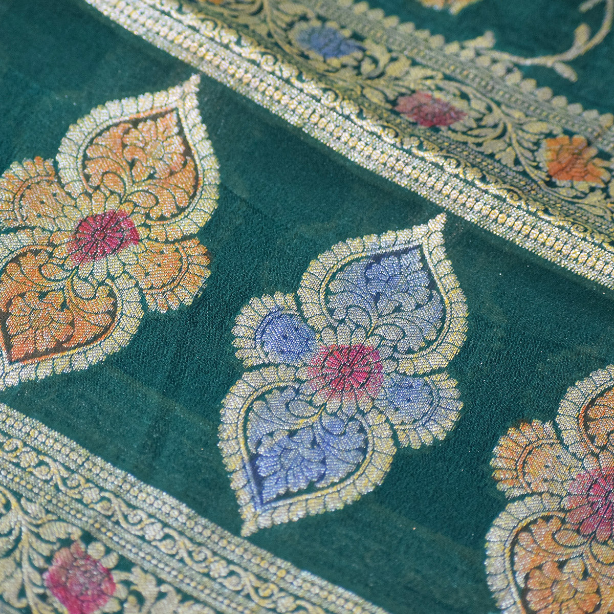 Green Banarasi Suit Fabric with Zari & Tassels