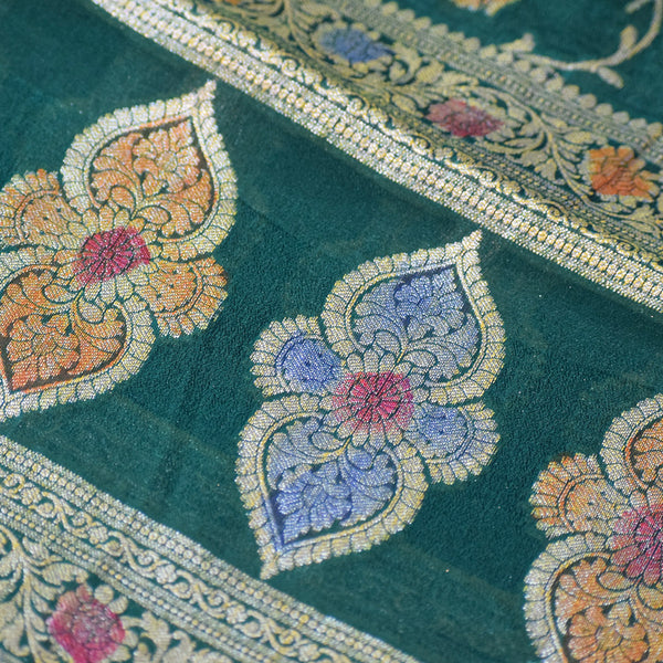 Green Banarasi Suit Fabric with Zari & Tassels