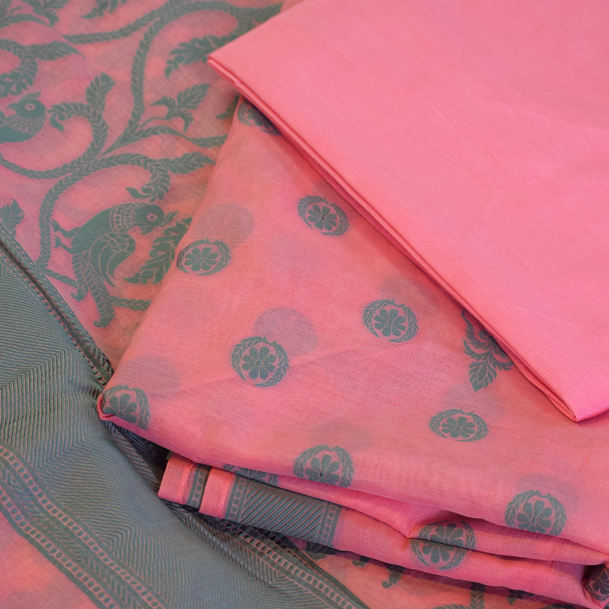 Rose Pink Chanderi Suit Fabric with Bird & Vine Motif