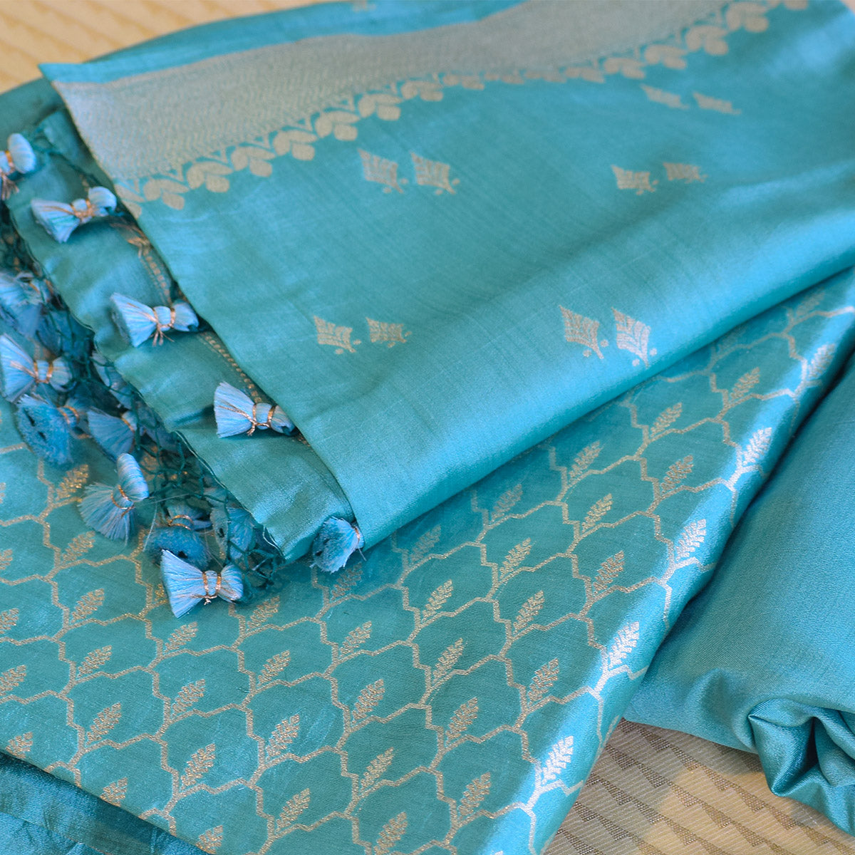 Ice Blue Handwoven Banarasi Munga Muslin Suit Set with Zari Butis & Ornate Border