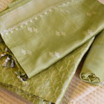 Olive Green Handwoven Banarasi Munga Muslin Suit Set with Zari Butis & Ornate Border