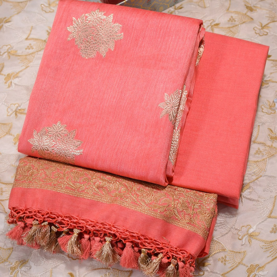 Peach- Linen Tussar Banarasi Kadwa Unstitched Suit Set