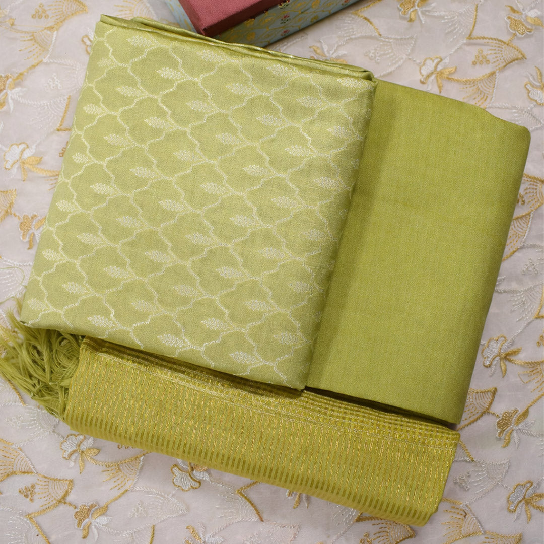 Olive Green–Pure Munga Silk Banarasi Unstitched Suit Set