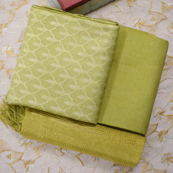 Olive Green–Pure Munga Silk Banarasi Unstitched Suit Set