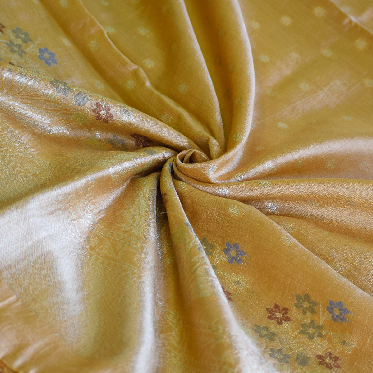 Mustard Gold Handwoven Banarasi Suit Set with Multi-Colored Floral Border