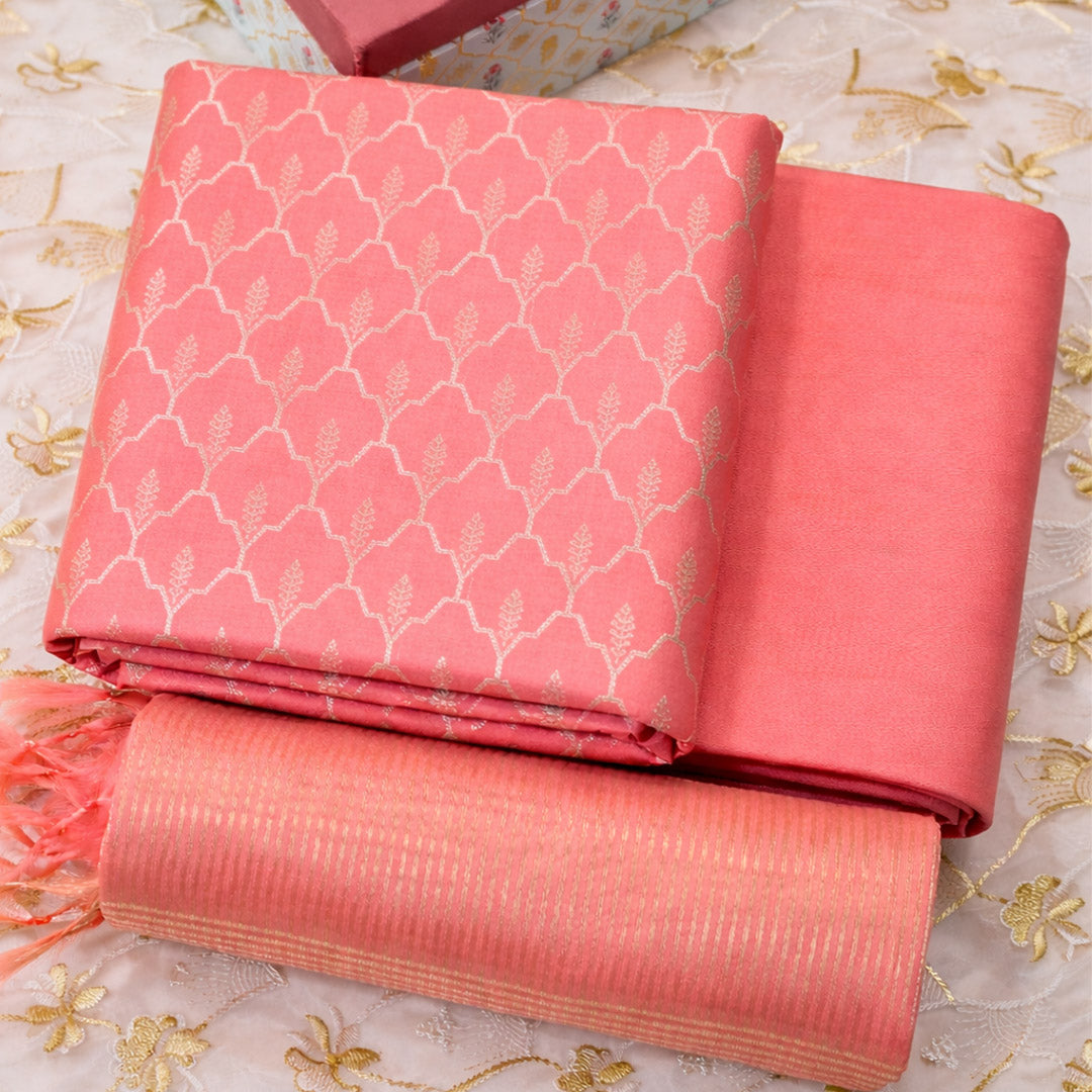 Soft Coral Peach Pink- Pure Munga Silk Banarasi Unstitched Suit Set