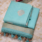 Turquoise Blue- Linen Tussar Banarasi Kadwa Unstitched Suit Set