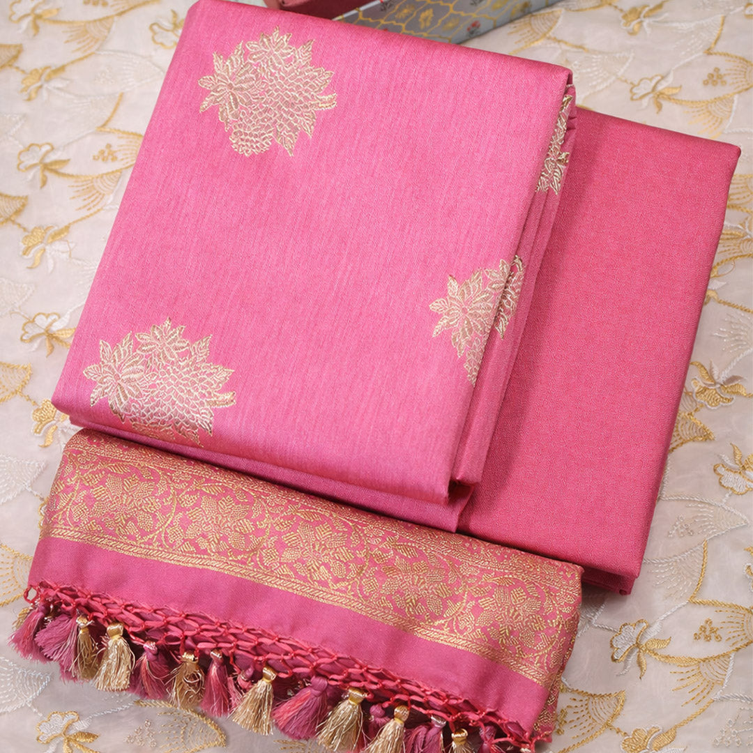 Mauve- Linen Tussar Banarasi Kadwa Unstitched Suit Set