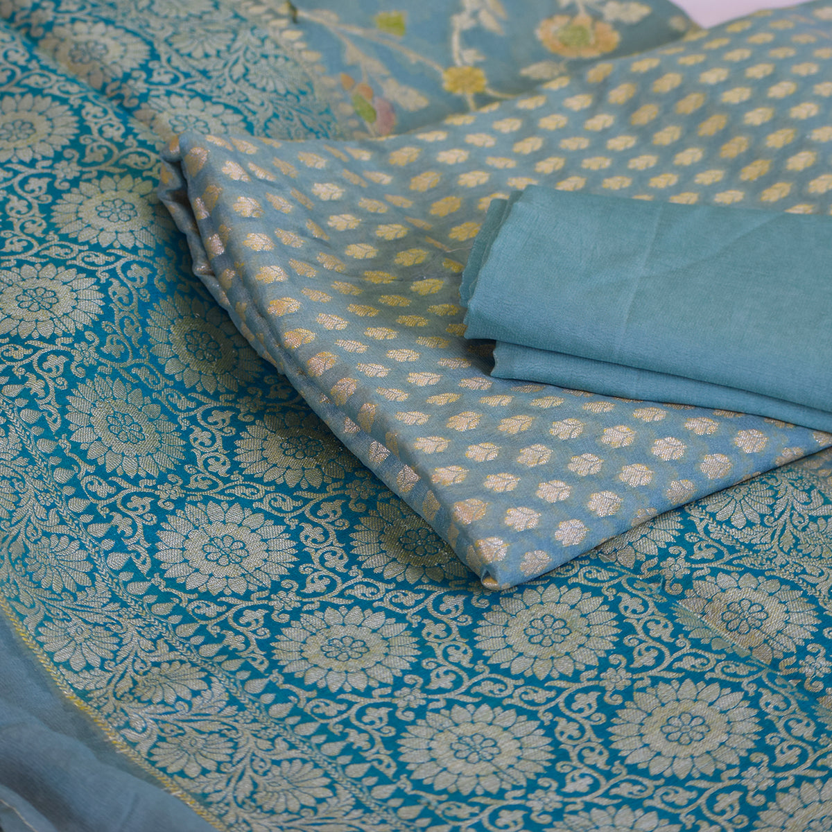 Bluish Grey Banarasi Georgette Suit Set with Zari Floral Border