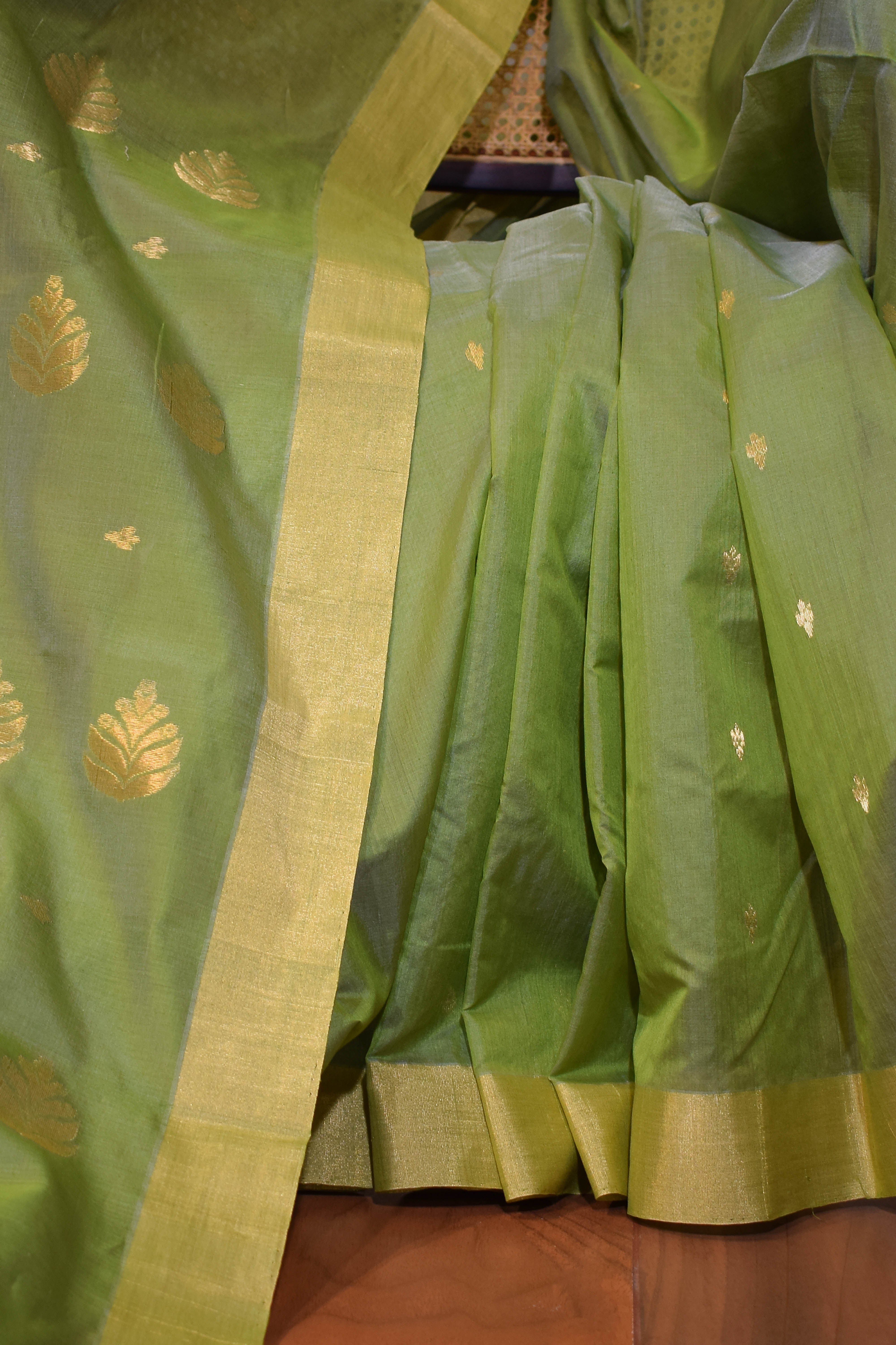 Pure handloom chanderi saree with golden zari weaving-olive green