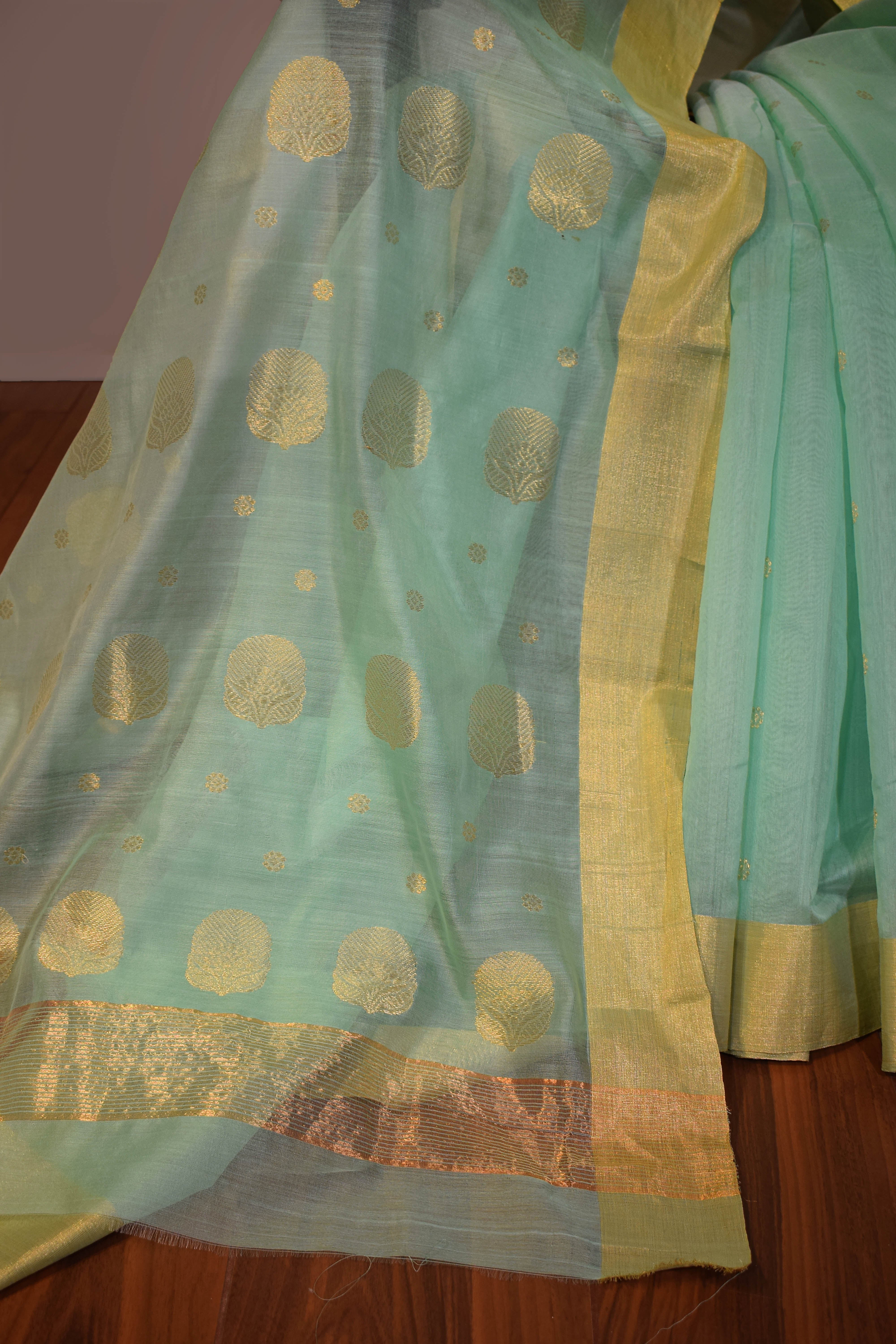 Pure handloom chanderi saree with golden zari weaving-turquoise