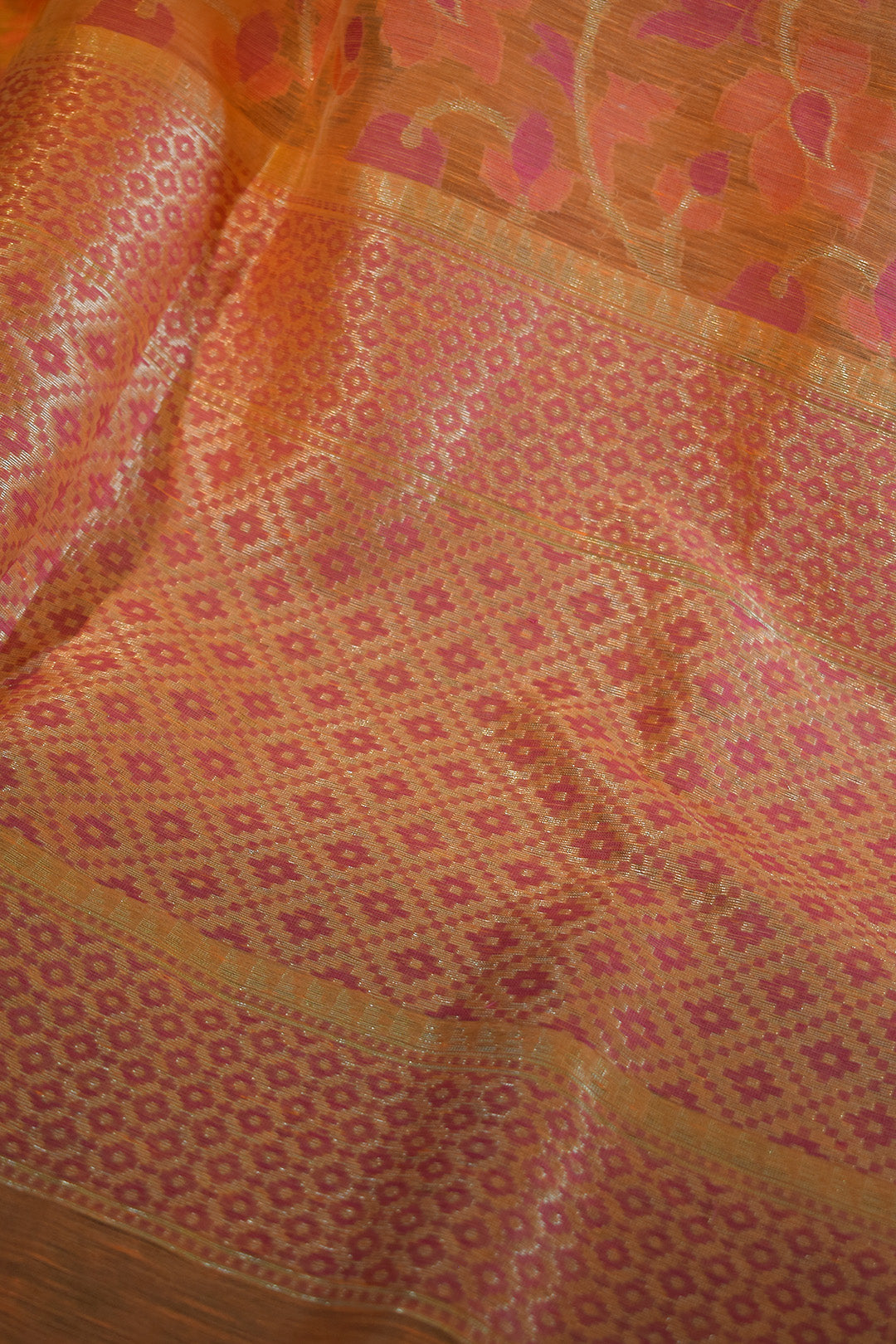 Peach–Coral Jamdani-Inspired Banarasi Silk Saree