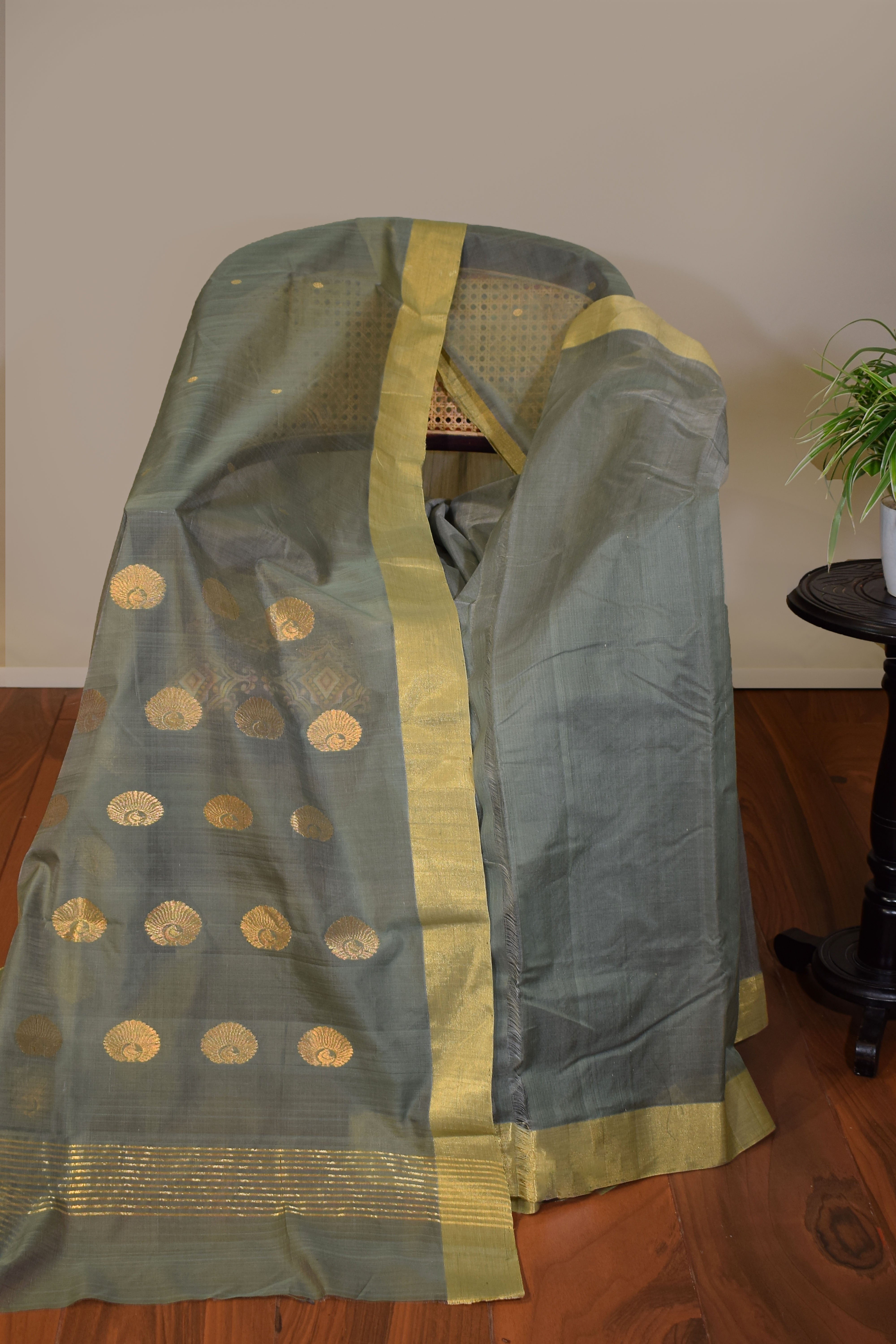 Pure handloom chanderi saree with golden zari weaving-sage green