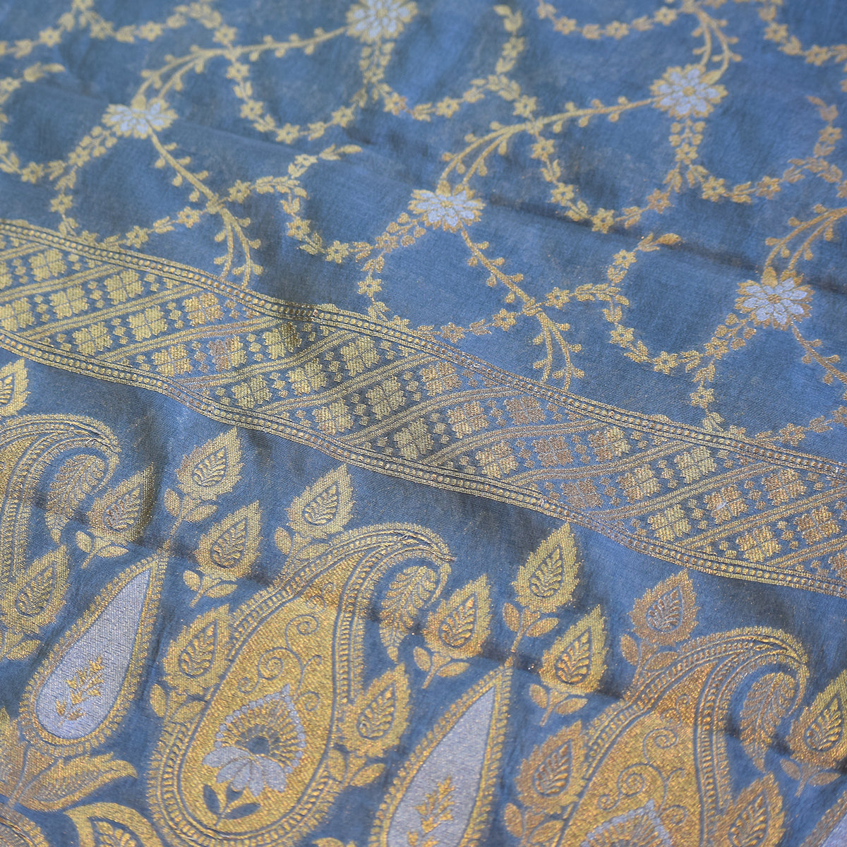 Grey-Blue Chanderi Jamdani Banarasi Suit Set with Paisley & Floral Zari Weave