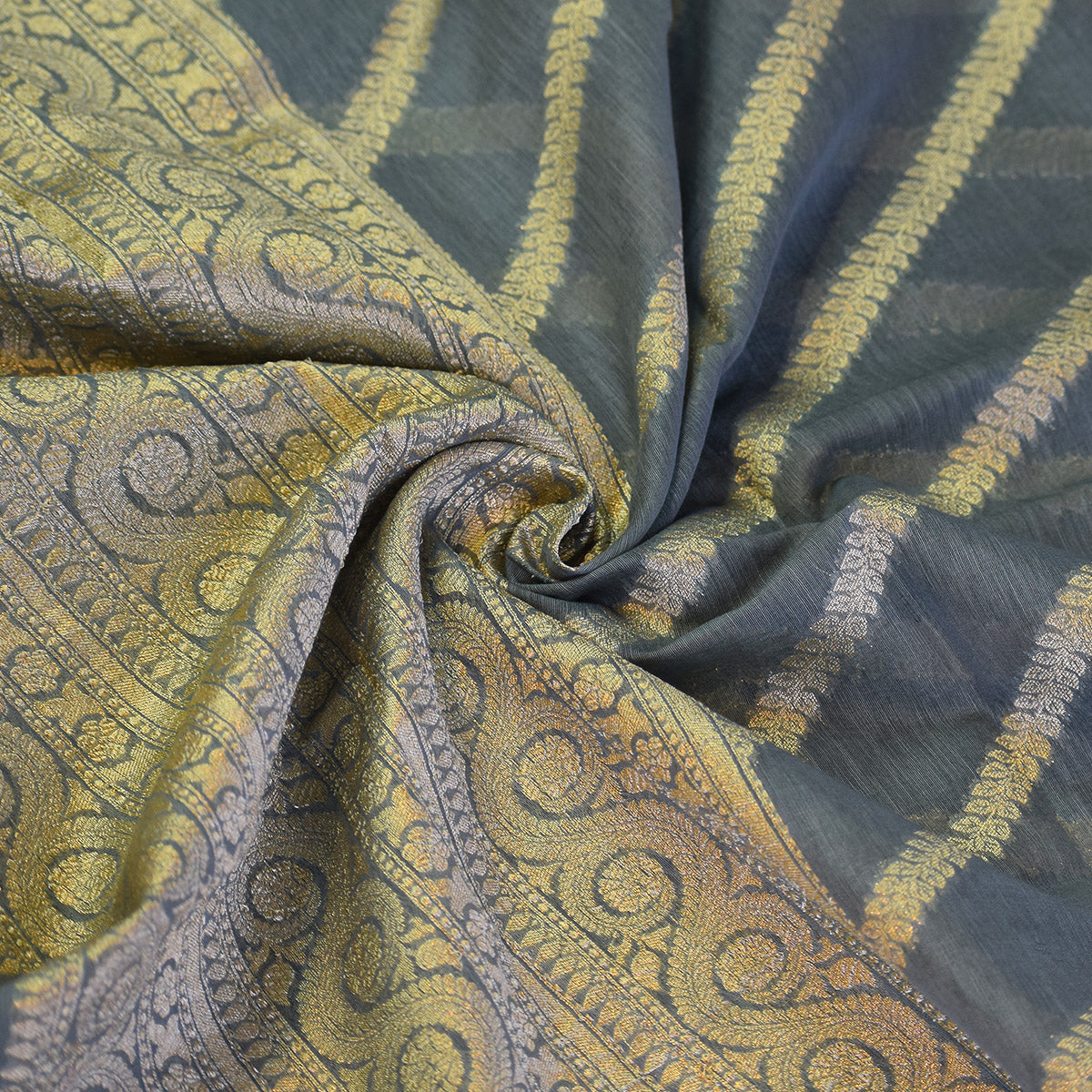 Charcoal Grey Banarasi Suit Fabric with Regal Zari Stripes