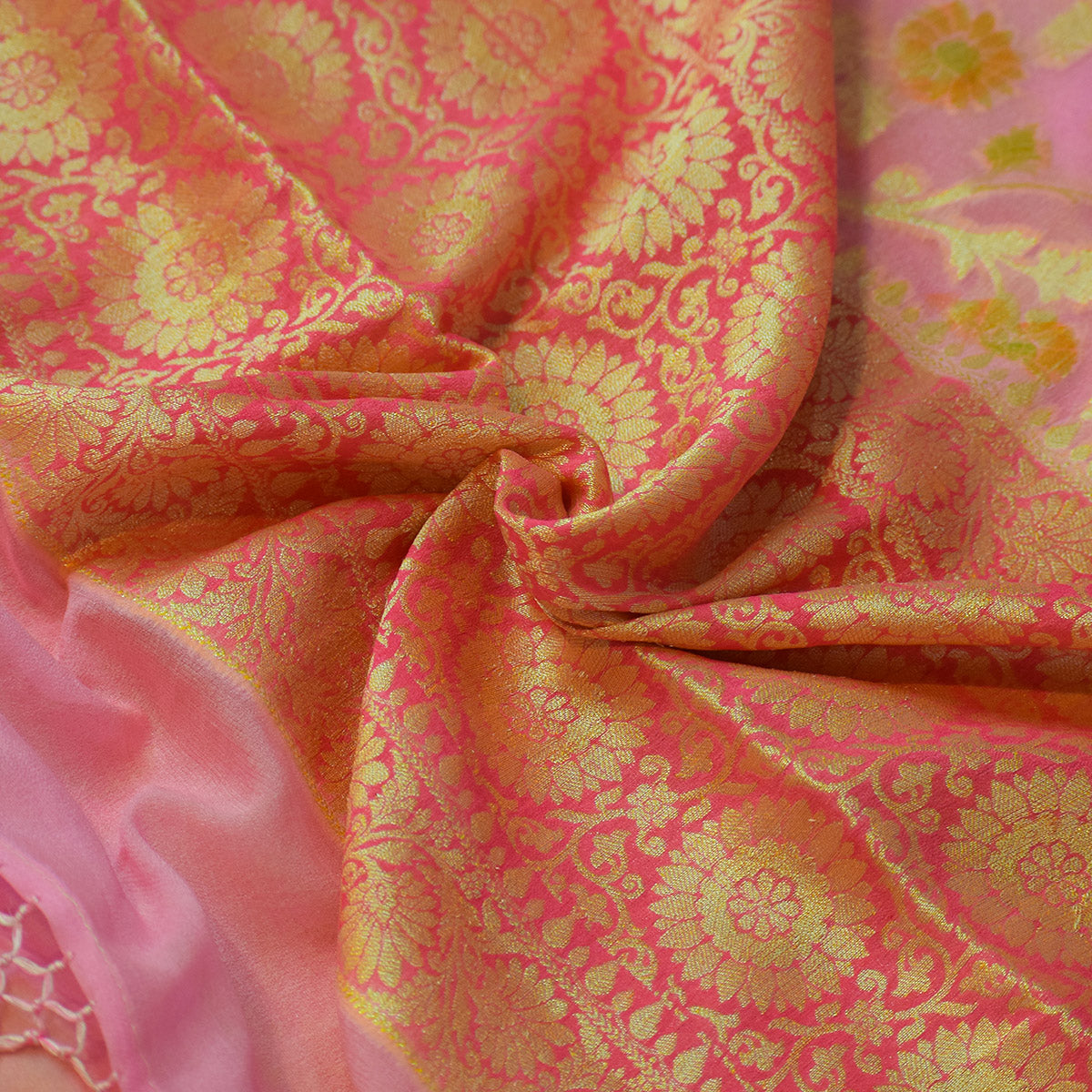 Pink Banarasi Suit Fabric with Golden Floral Zari