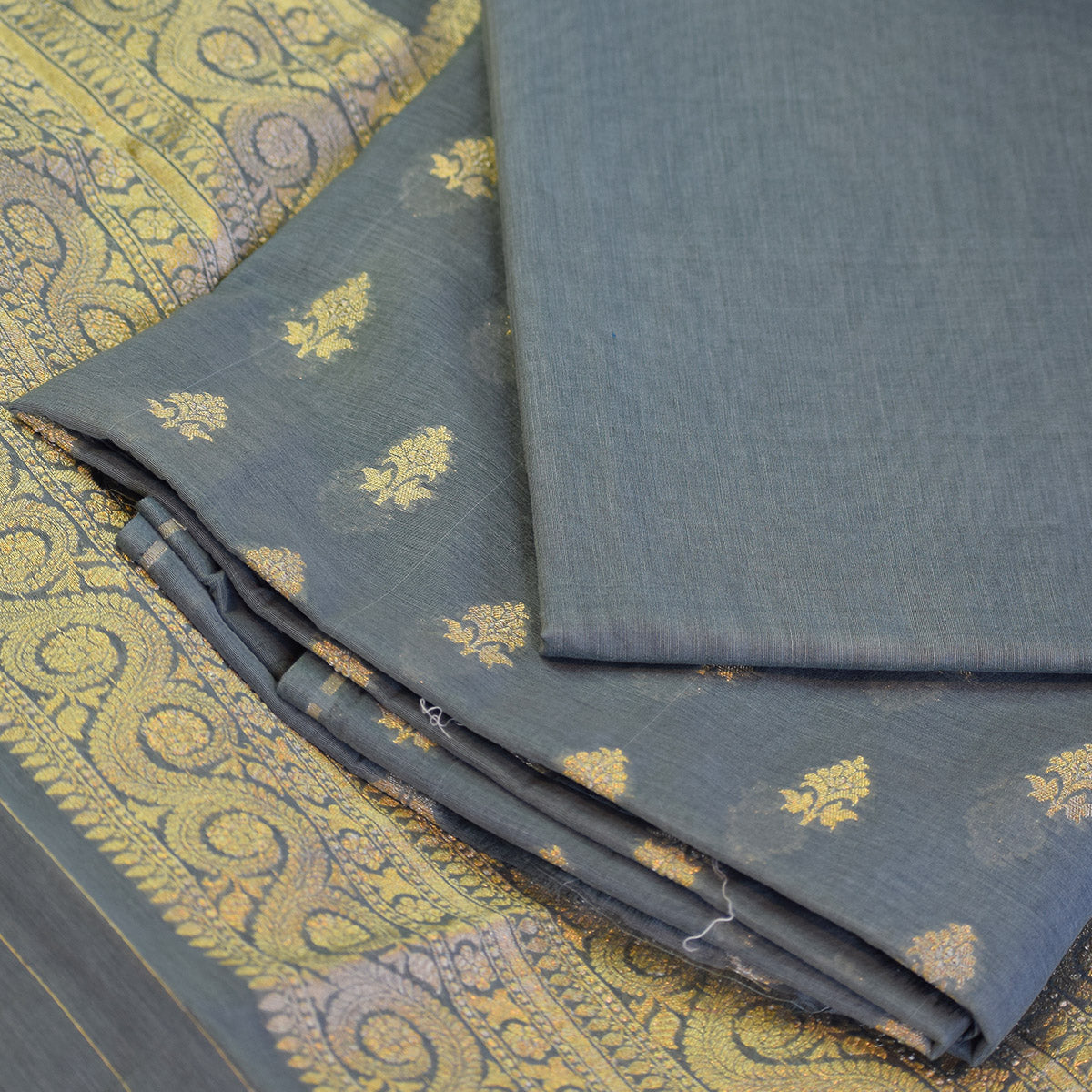 Charcoal Grey Banarasi Suit Fabric with Regal Zari Stripes