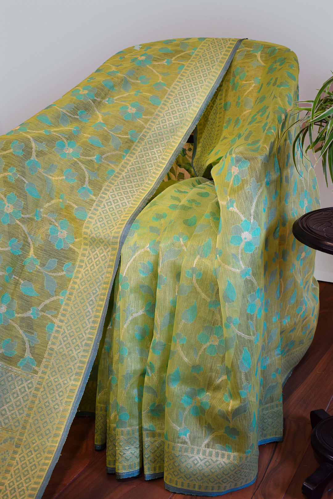 Mint Olive Jamdani-Inspired Banarasi Silk Saree