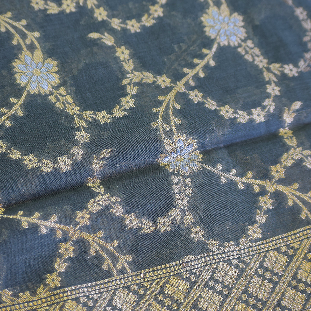 Grey-Blue Chanderi Jamdani Banarasi Suit Set with Paisley & Floral Zari Weave