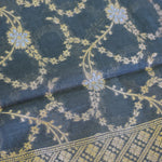 Grey-Blue Chanderi Jamdani Banarasi Suit Set with Paisley & Floral Zari Weave