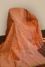 Peach–Coral Jamdani-Inspired Banarasi Silk Saree