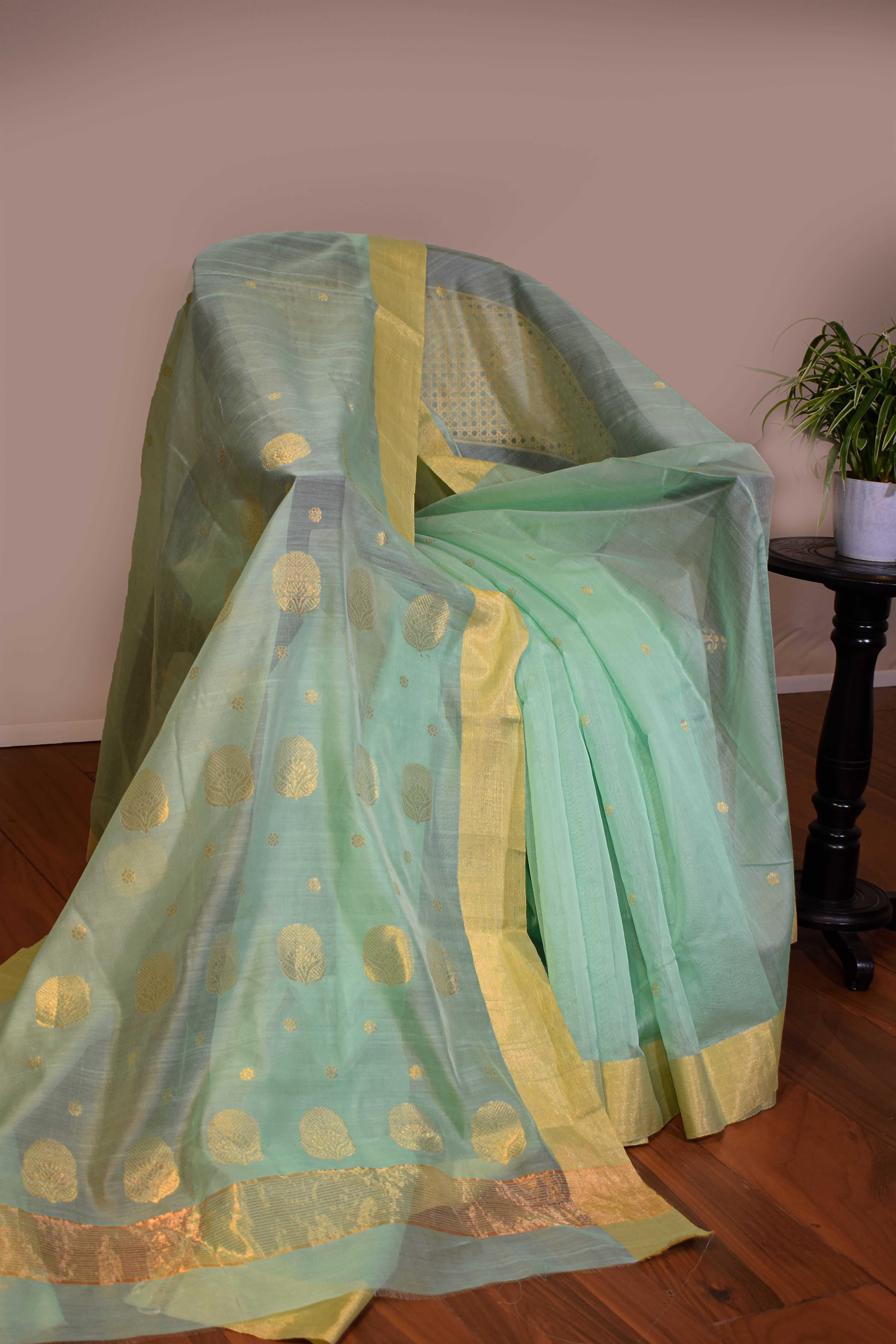 Pure handloom chanderi saree with golden zari weaving-turquoise