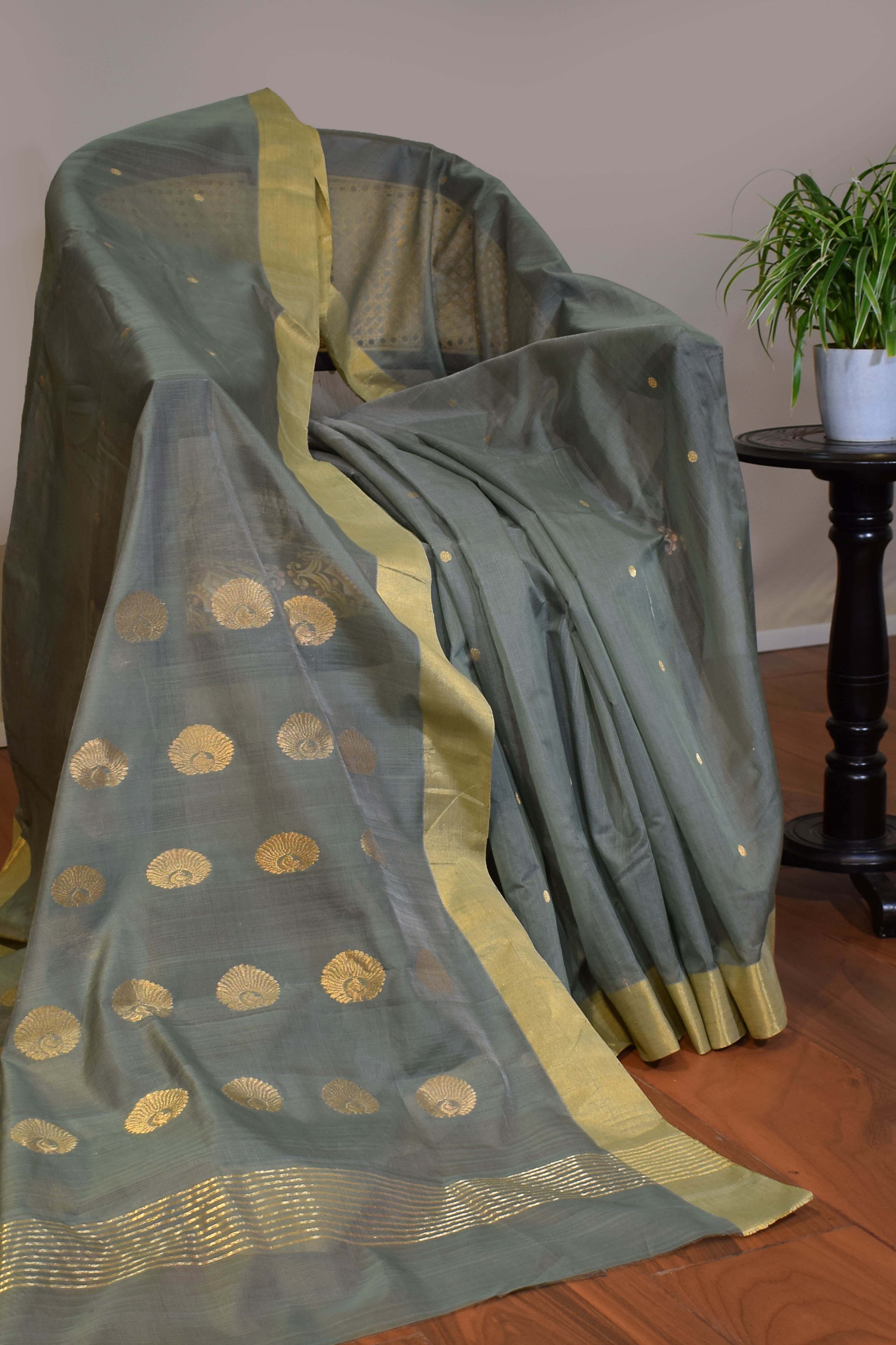 Pure handloom chanderi saree with golden zari weaving-sage green