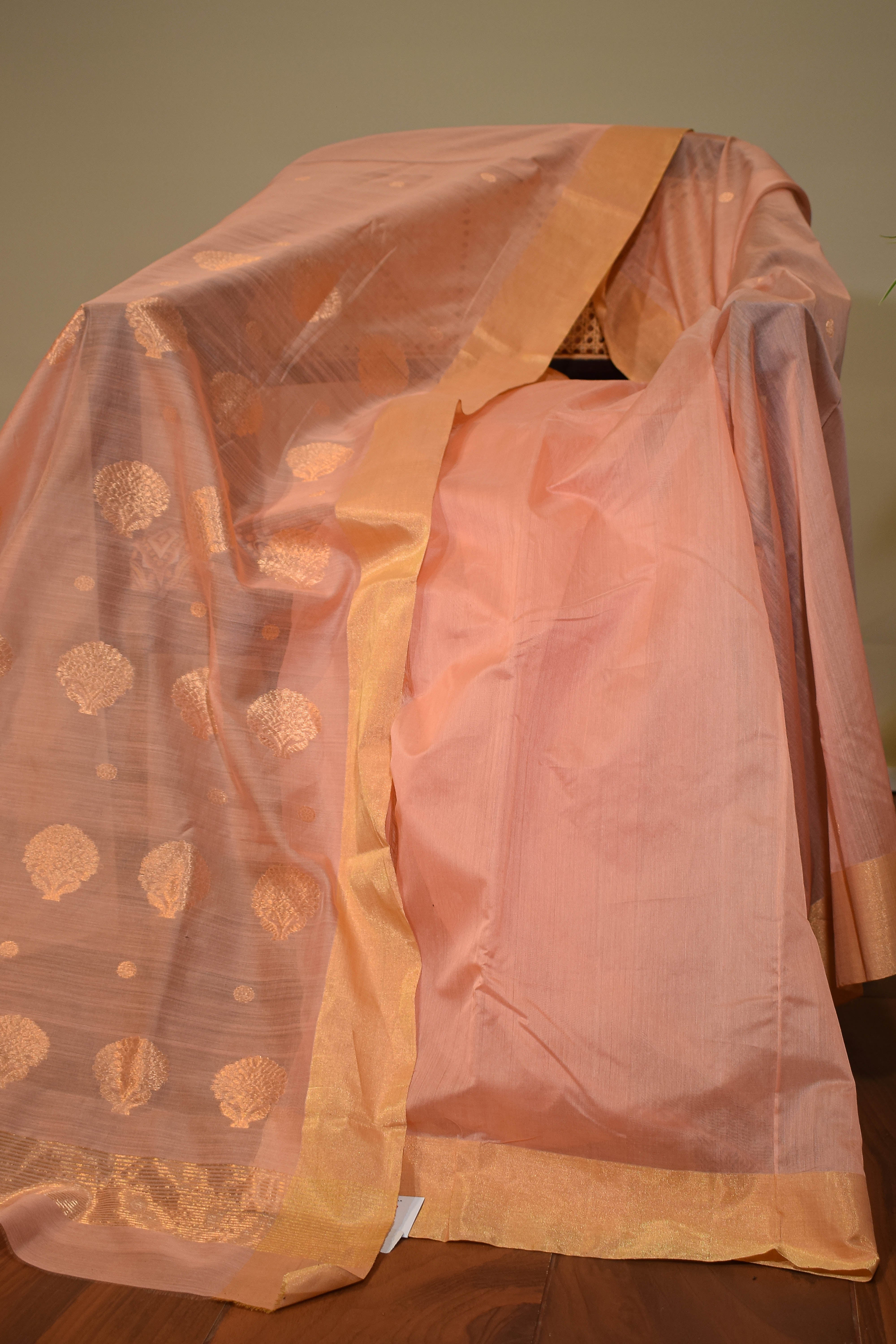 Pure handloom chanderi saree with golden zari weaving-Peach