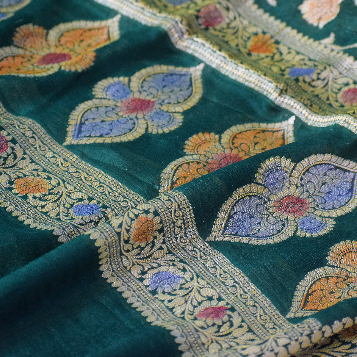 Green Banarasi Suit Fabric with Zari & Tassels