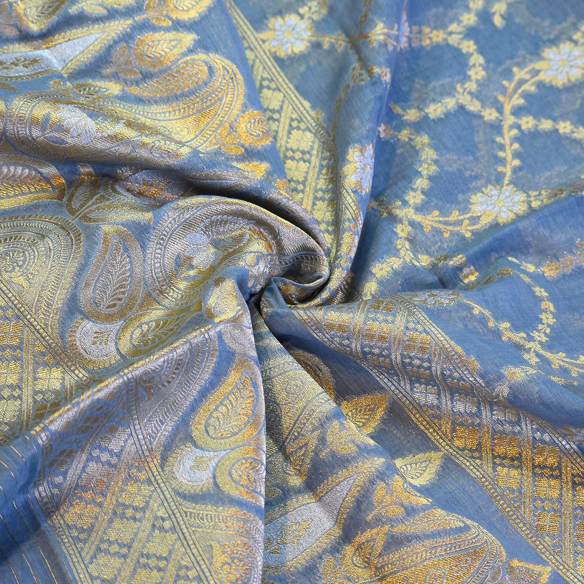 Elegant Grey Handwoven Banarasi Suit Set with Intricate Zari Work