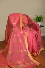 Pure handloom chanderi saree with golden zari weaving-onion pink