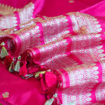 Rani Pink Handwoven Banarasi Munga Muslin Suit Set with Intricate Zari Borders & Playful Tassels