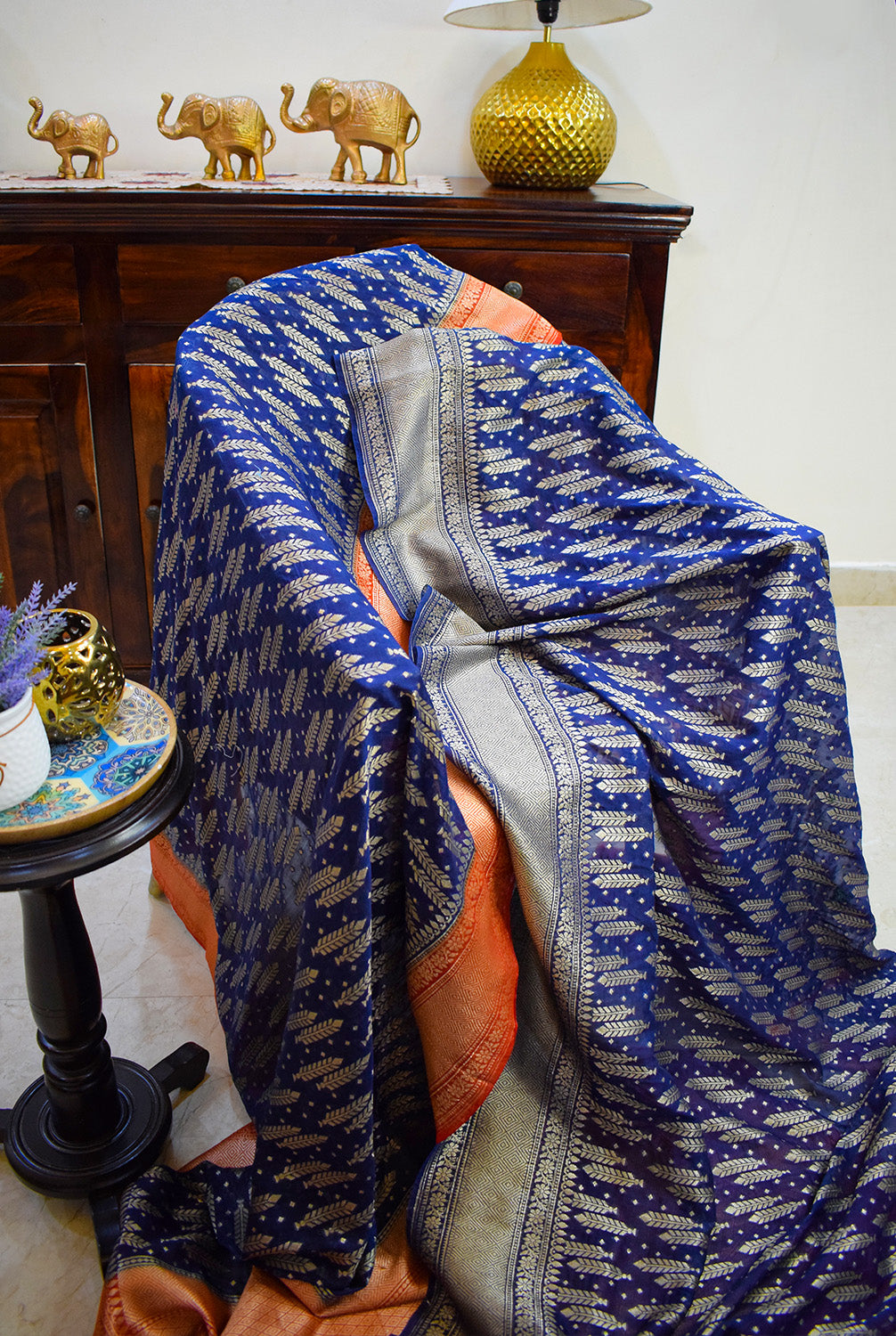 Chanderi Banarasi woven saree-Navy blue