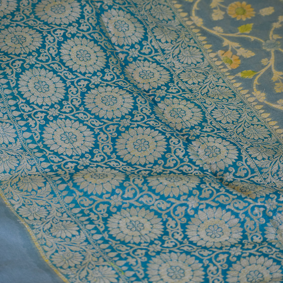 Bluish Grey Banarasi Georgette Suit Set with Zari Floral Border