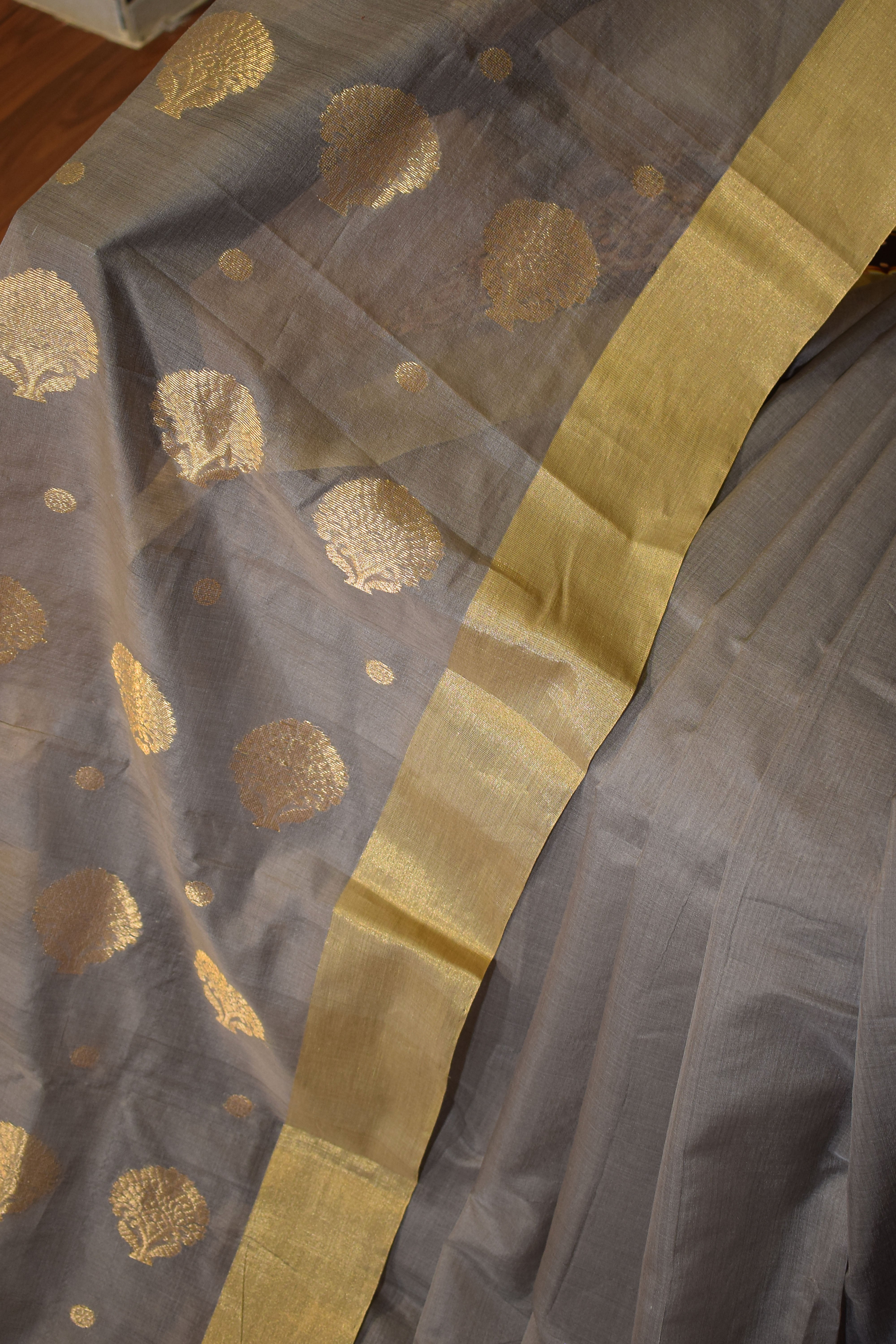 Pure handloom chanderi saree with golden zari weaving-steel grey