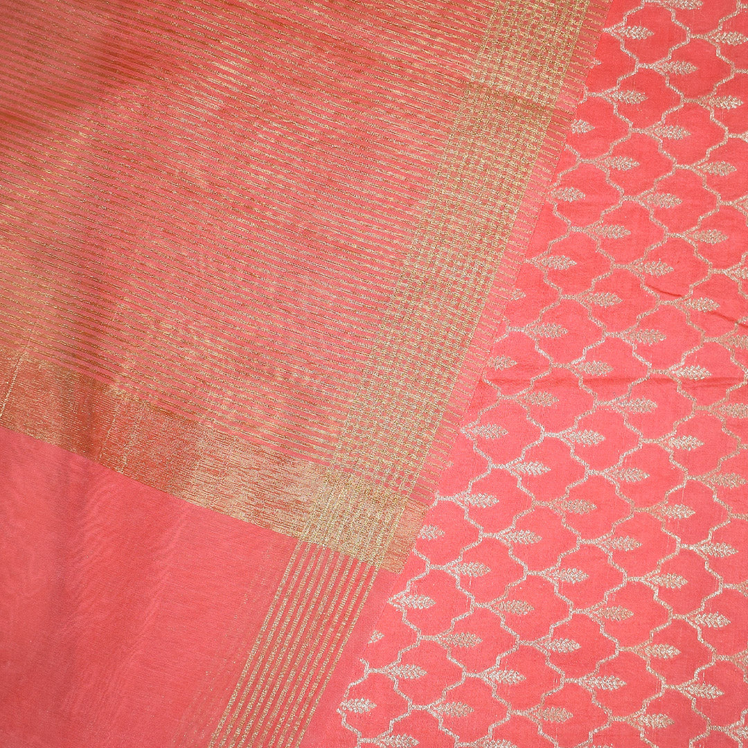 Soft Coral Peach Pink- Pure Munga Silk Banarasi Unstitched Suit Set