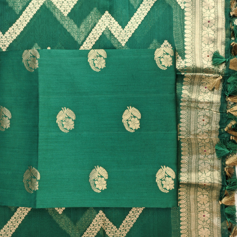 Emerald Green Banarasi Munga Silk Suit Set with Antique Gold Zari Detailing