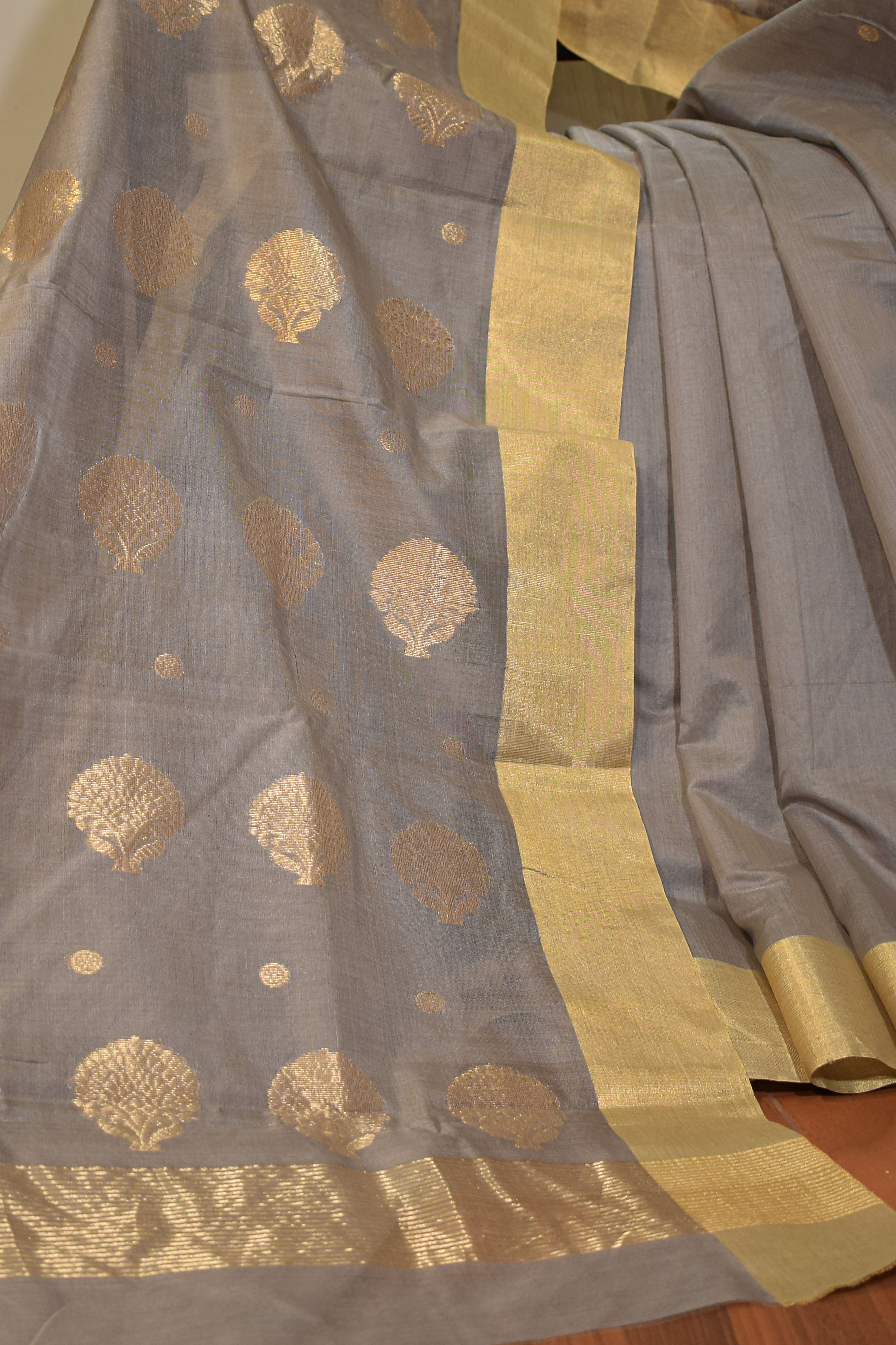 Pure handloom chanderi saree with golden zari weaving-steel grey