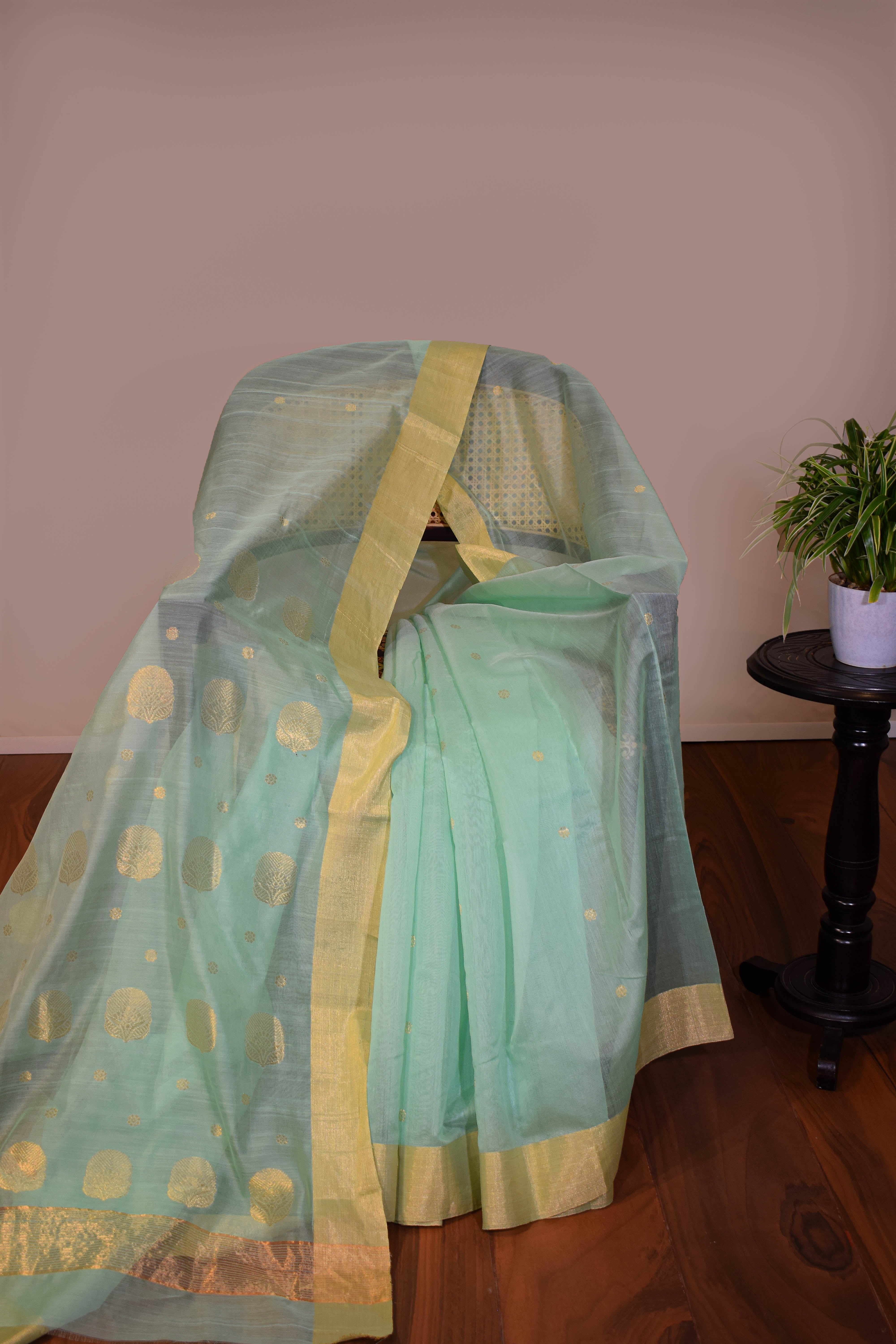 Pure handloom chanderi saree with golden zari weaving-turquoise
