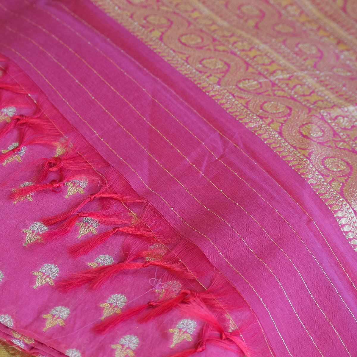 Rani Pink Handwoven Banarasi Silk Suit Set with Gold Zari Jaal & Ornate Border