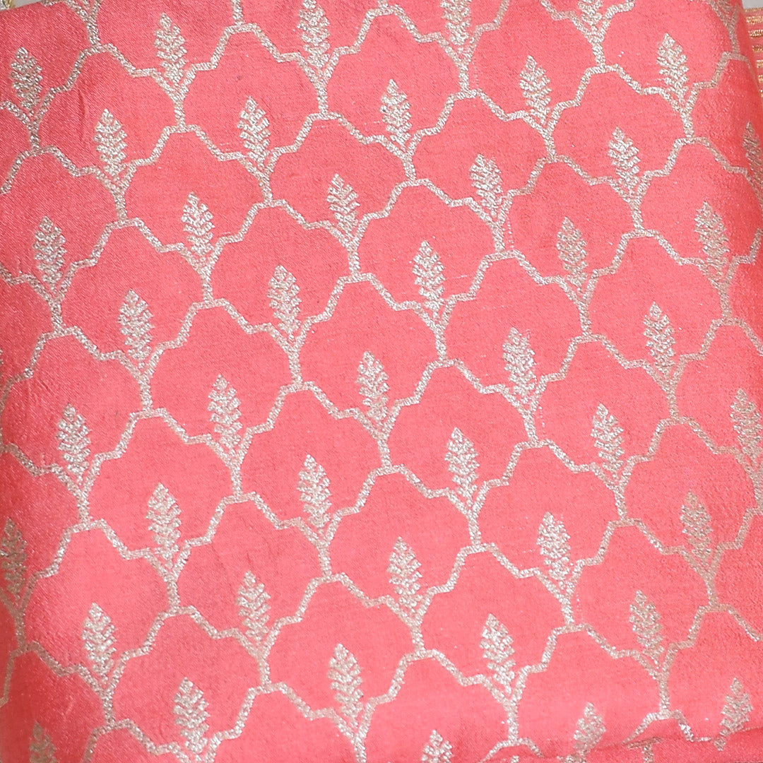 Soft Coral Peach Pink- Pure Munga Silk Banarasi Unstitched Suit Set