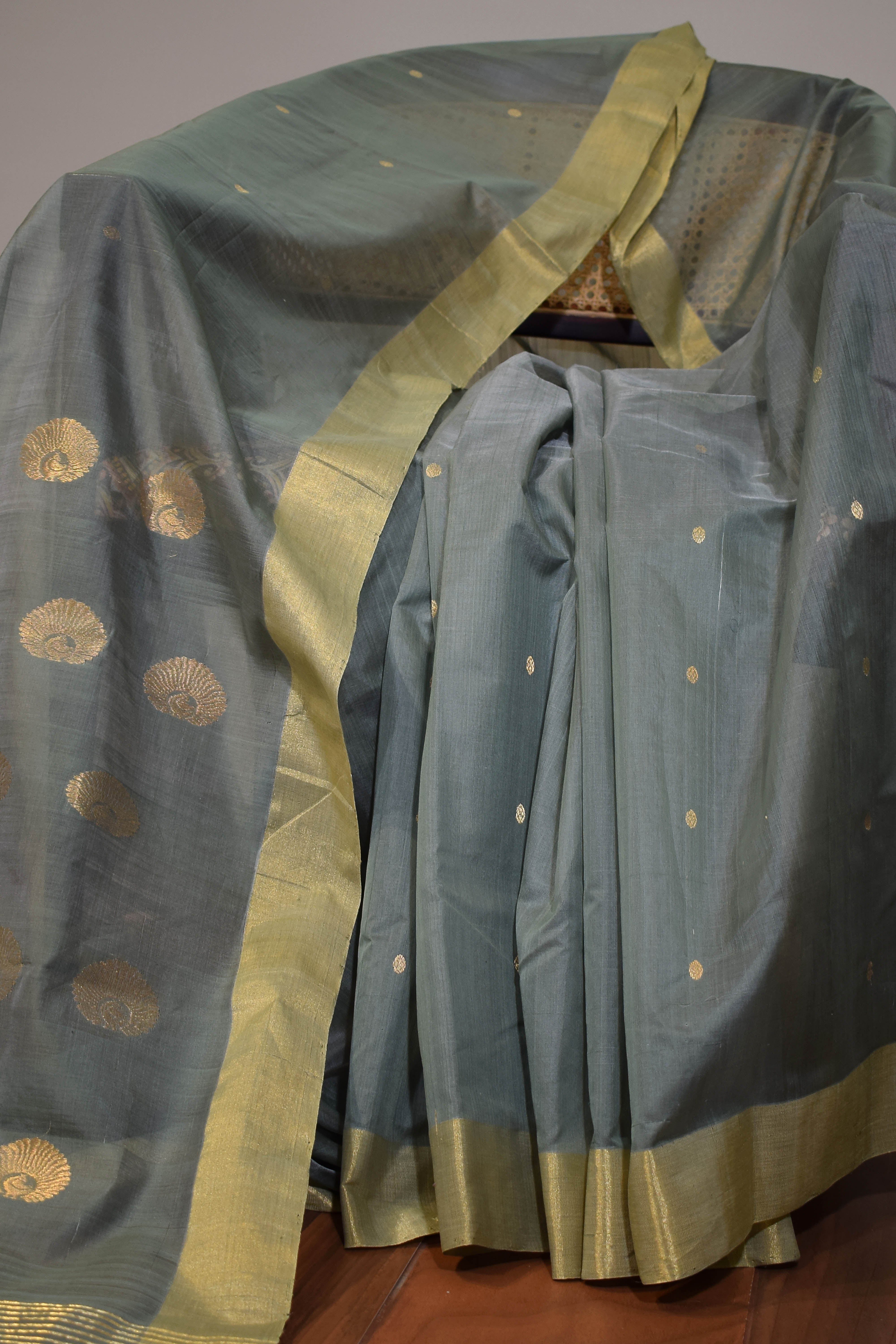 Pure handloom chanderi saree with golden zari weaving-sage green