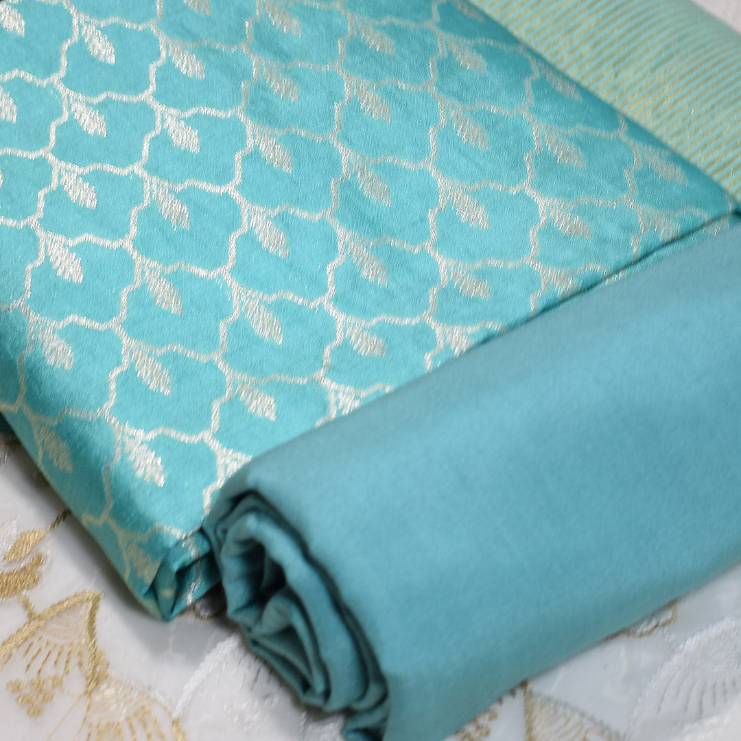 Turquoise Blue- Pure Munga Silk Banarasi Unstitched Suit Set