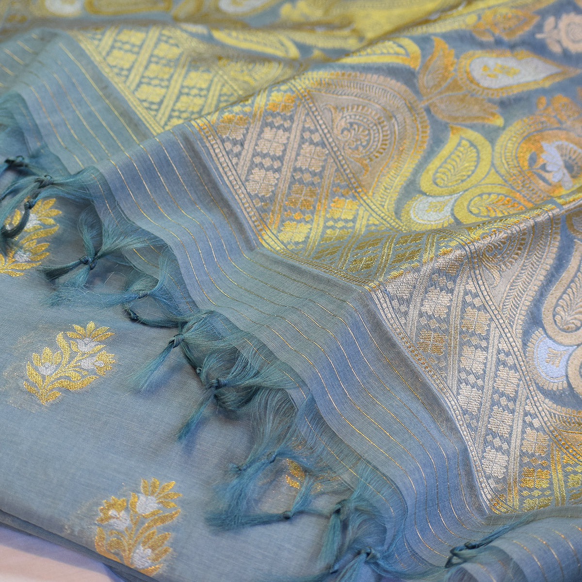 Elegant Grey Handwoven Banarasi Suit Set with Intricate Zari Work