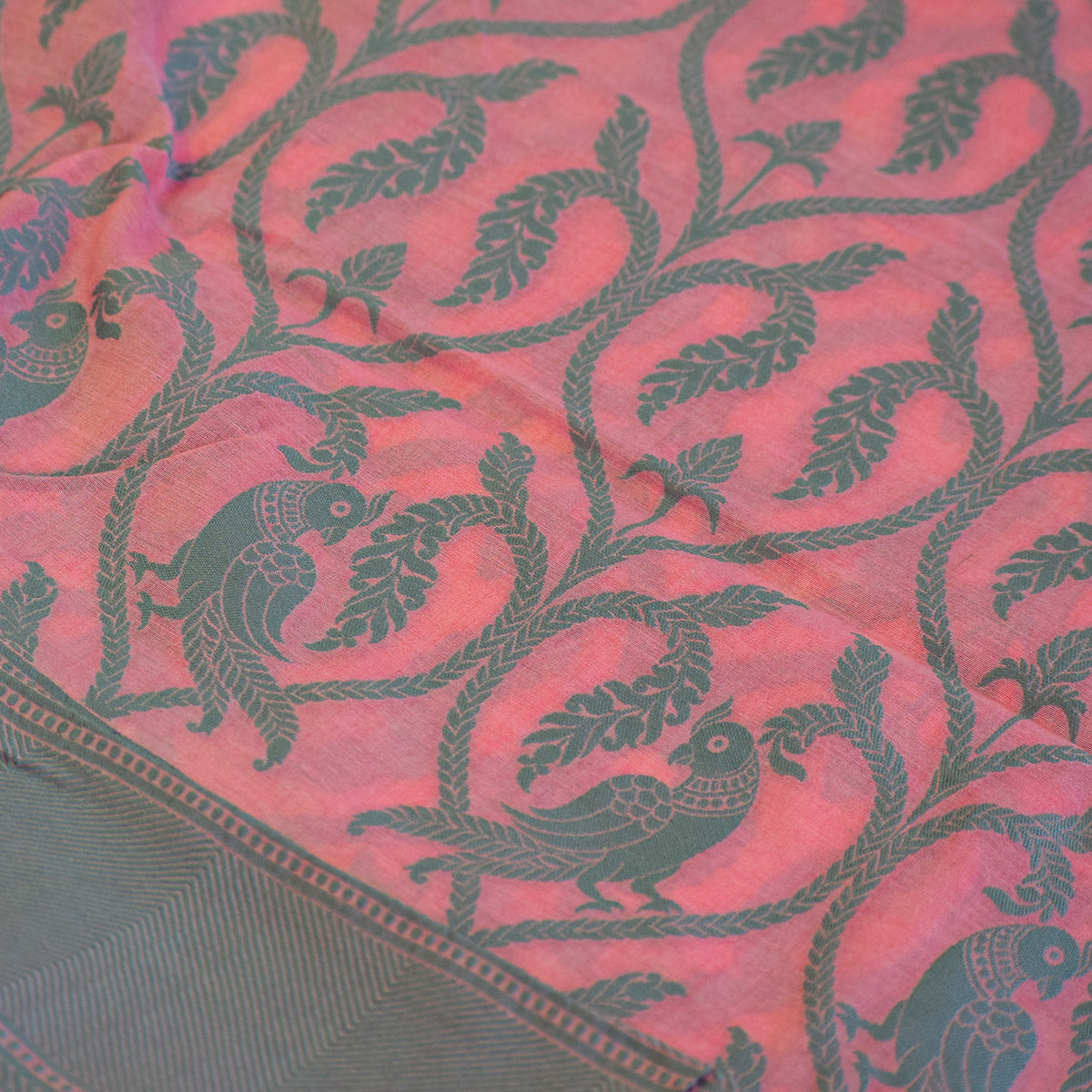 Rose Pink Chanderi Suit Fabric with Bird & Vine Motif