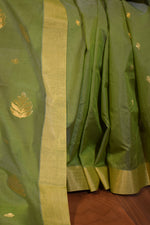 Pure handloom chanderi saree with golden zari weaving-olive green